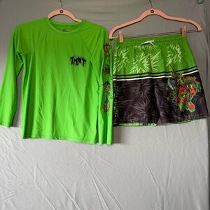 TMNT Boys Long Sleeve Swim Shirt + Shorts Set Size 12 Green Summer Beach Kids